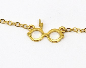 Harry Style Potter Necklace, Lightening Bolt Necklace, Wizard Charm Necklace, Gold Chain Necklace, Potter Glasses Necklace, Womens Necklace