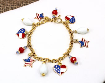 July 4th Charm Bracelet, 4th of July Charm Bracelet, Red White and Blue Bracelet, Patriotic Jewelry, Flag Bracelet, Gold Chain Bracelet