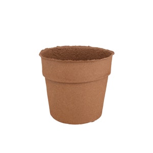 May include: A brown plant pot with a textured surface. The pot has a slightly flared rim and a stepped design near the base. The pot is made of a natural, earthy material, suitable for planting.