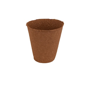 May include: A single, brown, cone-shaped seedling pot. The pot is made of a fibrous material and has a slightly textured surface. The top edge is uneven, and the pot tapers down to a smaller base. The background is plain white.