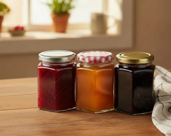 Słoiki na dżem Nutley's o pojemności 8 uncji i pojemności 190 ml, sześciokątne, z zakrętkami – wybierz kolor i ilość