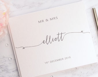 Personalised Wedding Guest Book. Elegant Modern Text Design. 50 plain white pages / 100 sides. 13 colour choices. Wedding Keepsake.