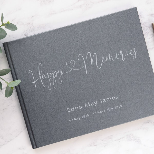 Personalised Book of Condolence. Book of Remembrance. Happy Memories Book. In Loving Memory Book. Simple Decorative Font Design.