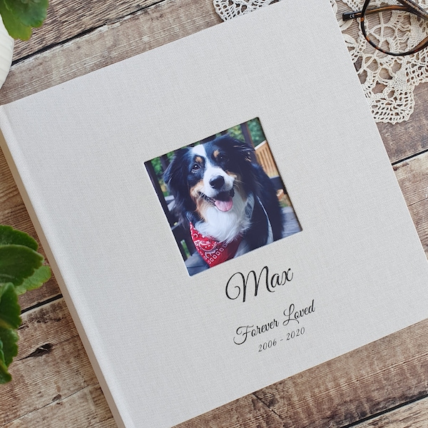 Personalised Dog Memory Album. High Quality Linen Slip-in Album with cover aperture. 23x22cms. Holds 200 4x6" / 10x15cm Photos. 4 colours.