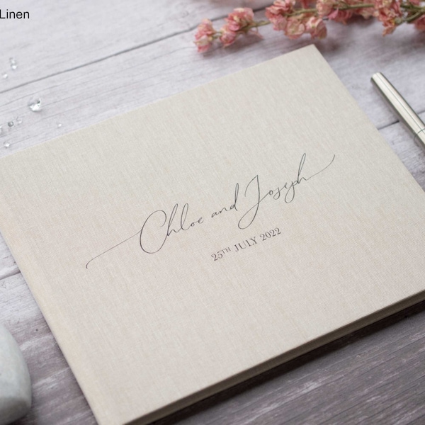 Personalised Wedding Guest Book. Simple elegant text design. 50 plain white pages / 100 sides. 13 book colour options. Wedding keepsake.