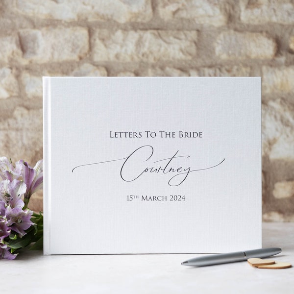 Personalised High Quality 'Letters to the Bride' Guest Book.  Elegant handwritten text design. 50 plain white pages / 100 sides. 13 colours.