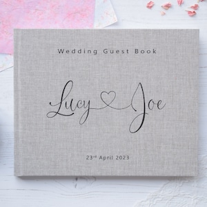 Personalised High Quality Wedding Guest Book. Elegant Modern Heart Text Design. 50 plain white pages / 100 sides. 13 lovely colour choices.