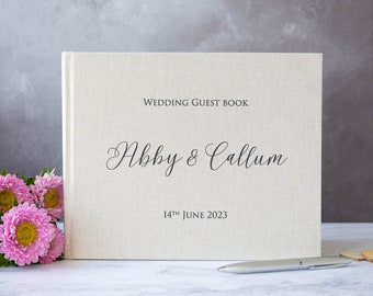 Personalised High Quality Wedding Guest Book. Modern Text Design. 50 plain white pages / 100 sides. 13 lovely colour choices!