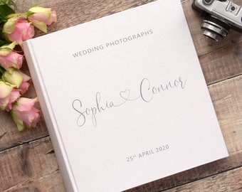 Wedding Photograph Album. Small Traditional Book Bound Photo Album. Modern Handwritten Text & Heart Design. 30 pages / 60 sides. 3 colours.