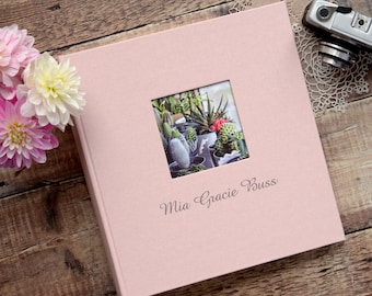 Large Personalised Traditional Book Bound Linen Photo Album with opaque glassine interleaves. 30x31cms. 5 album colours.