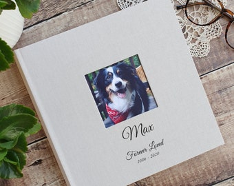 Personalised Dog Memory Album. High Quality Linen Slip-in Album with cover aperture. 23x22cms. Holds 200 4x6" / 10x15cm Photos. 4 colours.