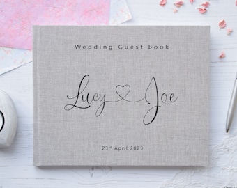 Personalised High Quality Wedding Guest Book. Elegant Modern Heart Text Design. 50 plain white pages / 100 sides. 13 lovely colour choices.