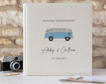 Album fotografico di matrimonio per camper VW. Grande album fotografico tradizionale rilegato a libro. 50 pagine / 100 facciate. Varie dimensioni e opzioni di colore.