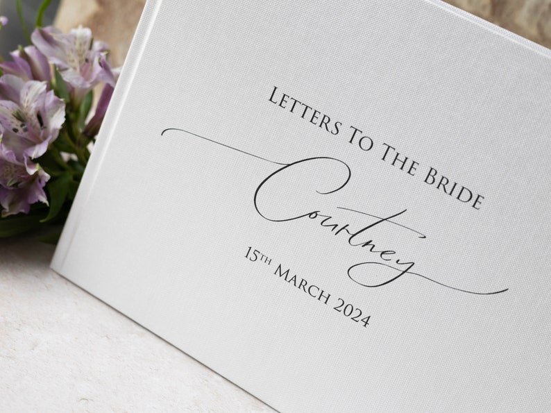 Personalised High Quality 'Letters to the Bride' Guest Book. Elegant handwritten text design. 50 plain white pages / 100 sides. 13 colours. image 4