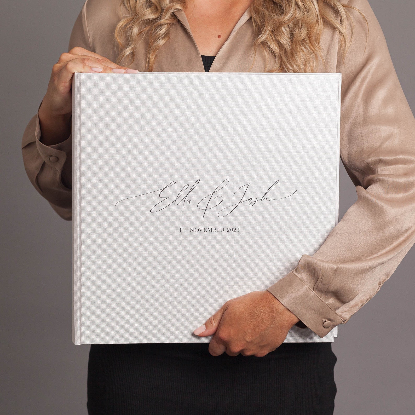 Extra Large Traditional Book Bound Personalised Wedding Photo Album. Modern Handwritten Text. 50 pages / 100 sides. 6 album colours. - Pearlescent Ivory