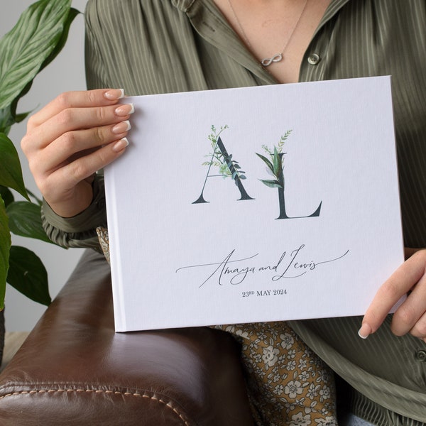 Personalised Wedding Guest Book. Foliage Initials Design. 50 pages / 100 sides. Colour Options available for book and design.