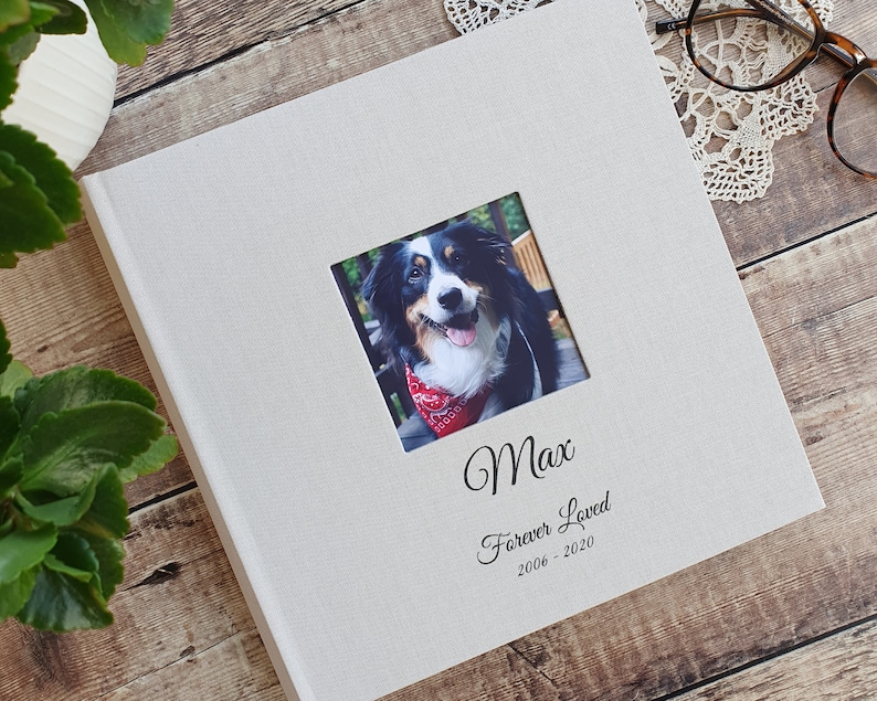 Personalised Dog Memory Album. High Quality Linen Slip-in Album with cover aperture. 23x22cms. Holds 200 4x6 / 10x15cm Photos. 4 colours. image 1