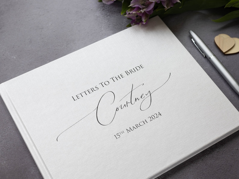Personalised High Quality 'Letters to the Bride' Guest Book. Elegant handwritten text design. 50 plain white pages / 100 sides. 13 colours. image 7
