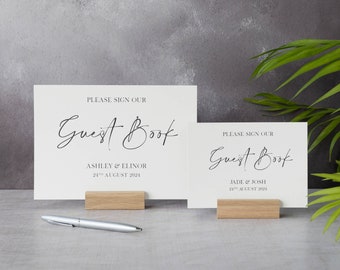 Wedding Guest Book Sign with oak card holder. Standard or personalised. Guest Book Sign for wedding table. Please sign our guest book card.