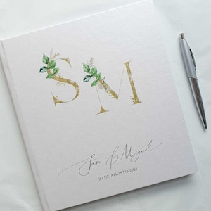 Large Personalised Wedding Guest Book. Foliage Initials Design. 88 pages / 176 sides. Colour options available for book and artwork. image 1