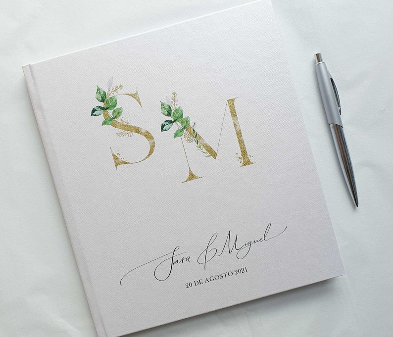 Large Personalised Wedding Guest Book. Foliage Initials Design. 88 pages / 176 sides. Colour options available for book and artwork. image 1