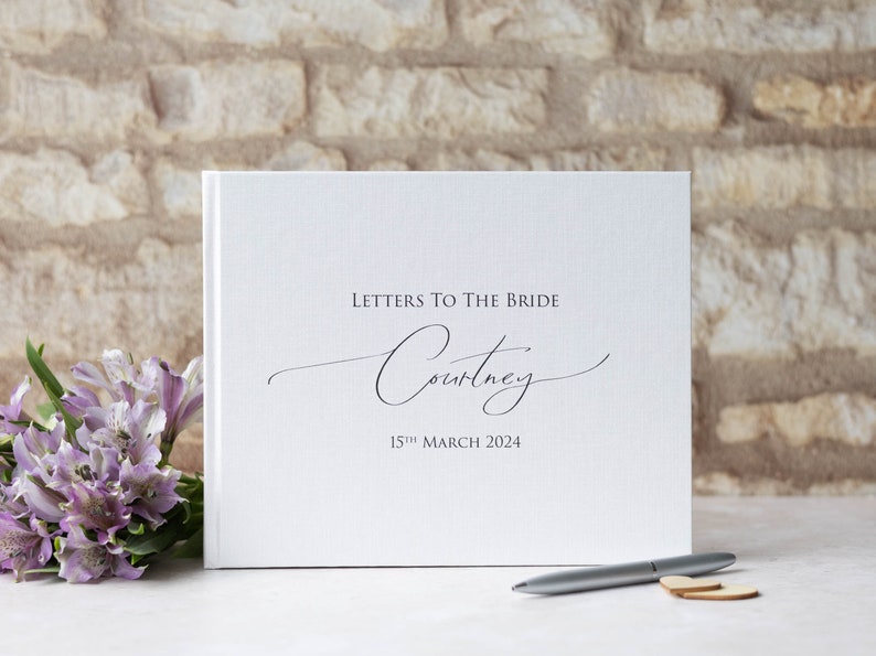 Personalised High Quality 'Letters to the Bride' Guest Book. Elegant handwritten text design. 50 plain white pages / 100 sides. 13 colours. image 1