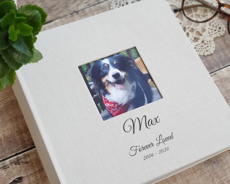 Personalised Dog Memory Album. High Quality Linen Slip-in Album with cover aperture. 23x22cms. Holds 200 4x6 / 10x15cm Photos. 4 colours. image 3