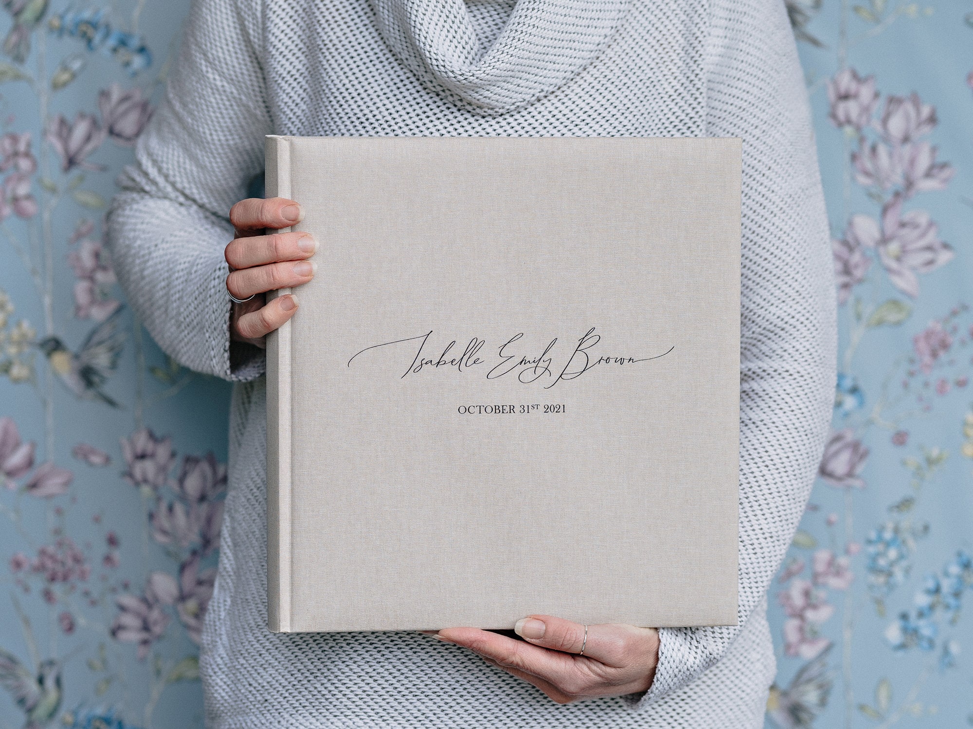 Traditional Book Bound Baby Photo Album. Modern Handwritten Text. High quality Printed Design. 2 album sizes and 8 album colours.