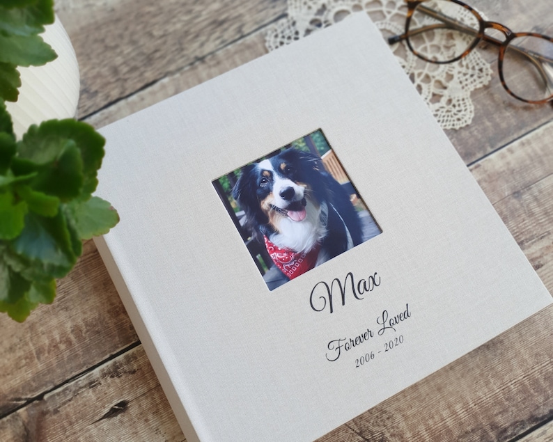 Personalised Dog Memory Album. High Quality Linen Slip-in Album with cover aperture. 23x22cms. Holds 200 4x6 / 10x15cm Photos. 4 colours. image 2