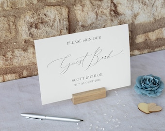 Wedding Guest Book Sign with oak card holder. Standard or personalised. Guest Book Sign for wedding table. Please sign our guest book card.