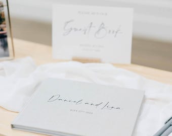 Personalised High Quality Wedding Guest Book Simple Modern Handwritten Design. 13 book colours. Option to add a personalised guest book sign