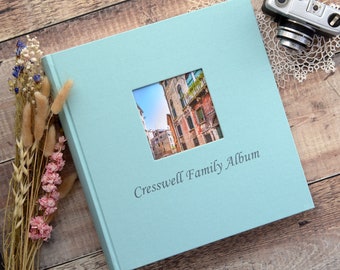 Small Personalised Traditional Book Bound Linen Photo Album with opaque glassine interleaves. 25x25cms. 30 pages / 60 sides.