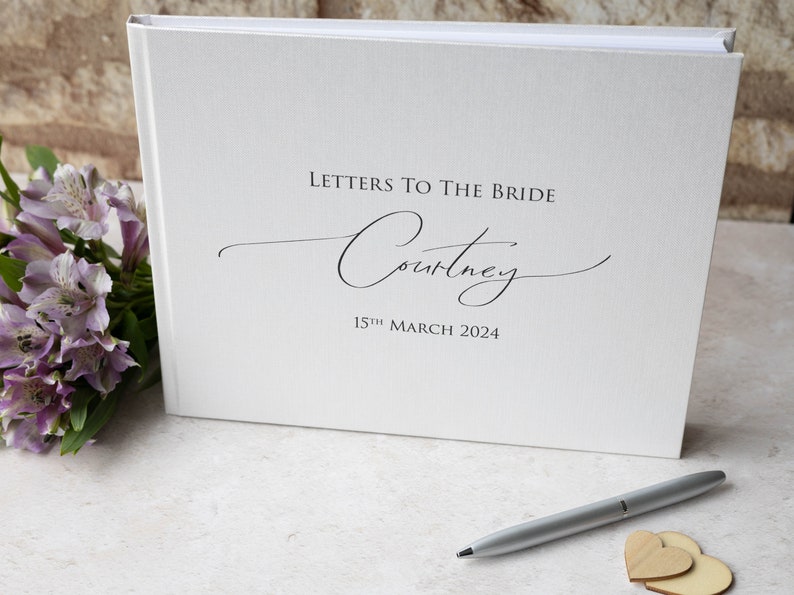 Personalised High Quality 'Letters to the Bride' Guest Book. Elegant handwritten text design. 50 plain white pages / 100 sides. 13 colours. image 5