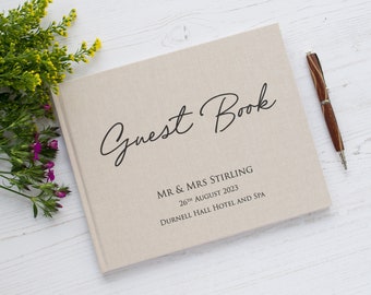 Personalised High Quality Wedding Guest Book.  Modern text design. 50 plain white pages / 100 sides. 13 book colour choices.