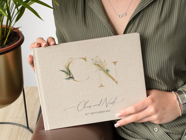 Personalised Wedding Guest Book. Foliage Initials Design. 50 pages / 100 sides. Colour Options available for book and design. image 3