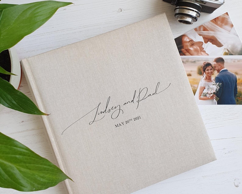 Printed Photograph Album. Large Traditional Book Bound Wedding Photo Album. Modern Handwritten Text. 50 pages / 100 sides. 8 album colours. 