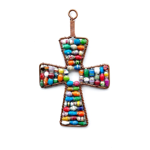 Cross Ornament Small Maasai Paper Bead - Multicolor Recycled Handmade Fair Trade in Africa