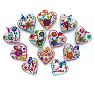 12 Pack White Embroidered Hearts Christmas Ornaments, Assorted Colors - Peru Artisan Fair Trade