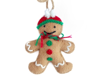 Gingerbread Man Christmas Ornament, Cute Embroidered Wool, Fair Trade Handmade in Peru