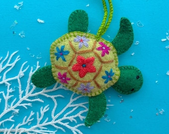 Sea Turtle Christmas Ornament, Fair Trade Embroidered Wool Handmade in Peru