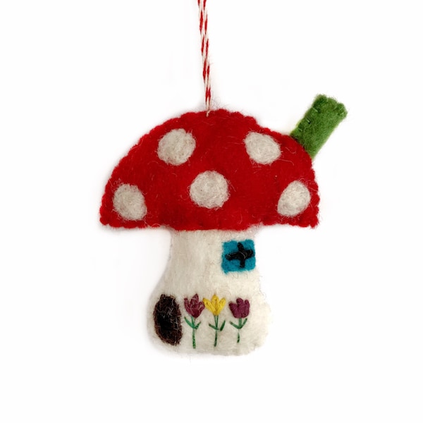 Mushroom House Ornament -  Felt Wool Fair Trade Christmas Decor Handmade in Nepal