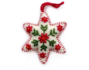 White Star Christmas Ornament, Fair Trade Embroidered Wool Handmade in Peru