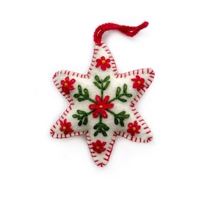 White Star Christmas Ornament, Fair Trade Embroidered Wool Handmade in Peru