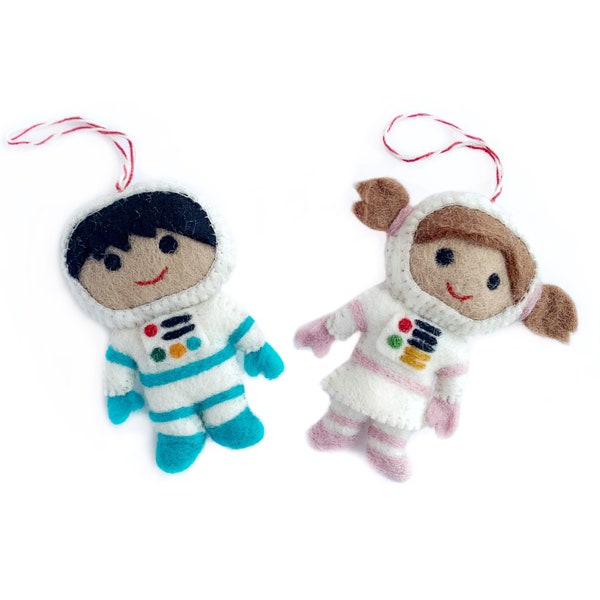 Kid Astronaut Ornaments - Felt Wool Fair Trade Christmas Decor Handmade in Nepal