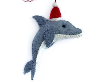 Dolphin Santa Hat Ornament - Felt Wool Fair Trade Handmade Christmas Nepal