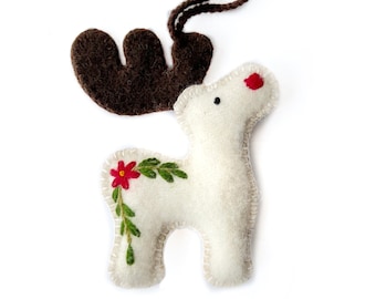 White Reindeer Christmas Ornament, Fair Trade Embroidered Wool Handmade in Peru