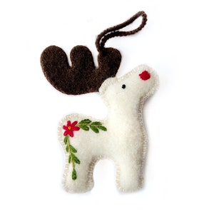 White Reindeer Christmas Ornament, Fair Trade Embroidered Wool Handmade in Peru