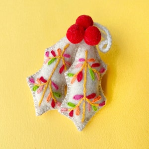 Holly Ornament, Fair Trade Embroidered Wool Christmas Decor Handmade in Peru