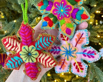 Colorful Snowflake Embroidered Wool Christmas Ornament, Solid - Handmade Peru Artisan Fair Trade