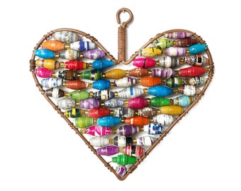 Heart Ornament, Multicolor Paper Bead Christmas Decor Handmade in Uganda, East Africa